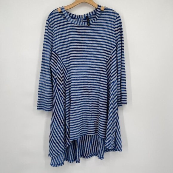 iC connie K women's top shirt tunic blue gray striped knit high low size XL - Picture 2 of 6